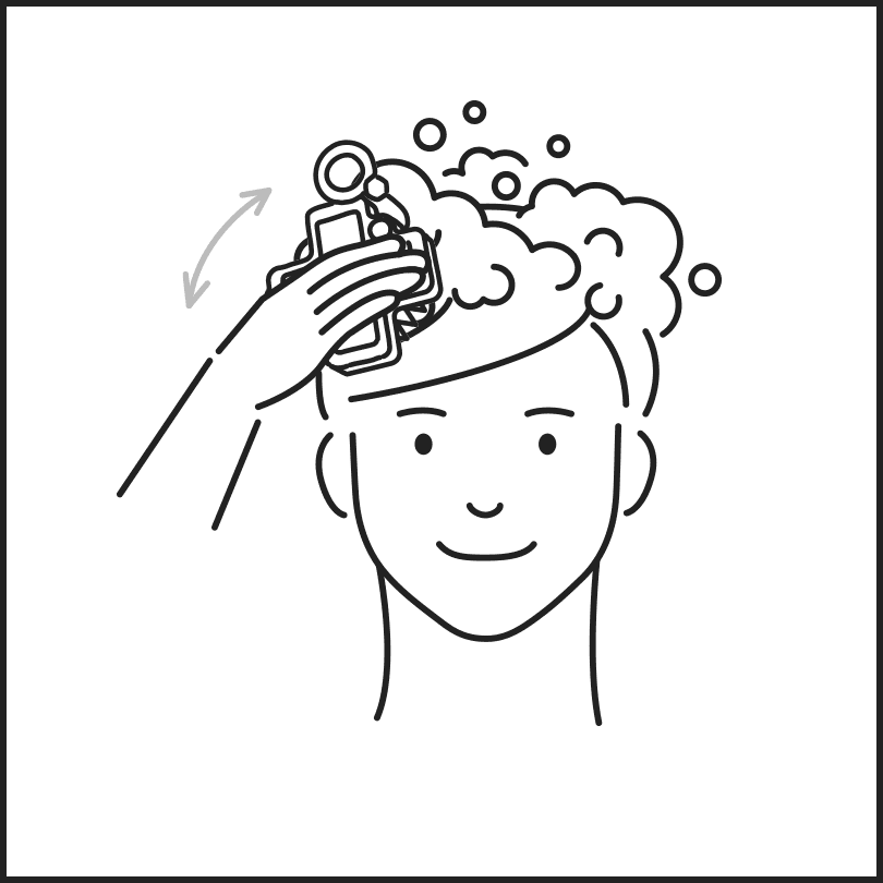 With shampoo:<br>After thoroughly lathering the hair, place the brush on the scalp and gently massage it while washing.